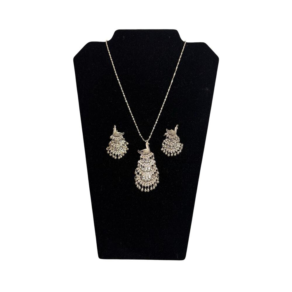 Vintage Silver Tone Peacock Necklace & Earrings Set Filigree Statement Jewelry